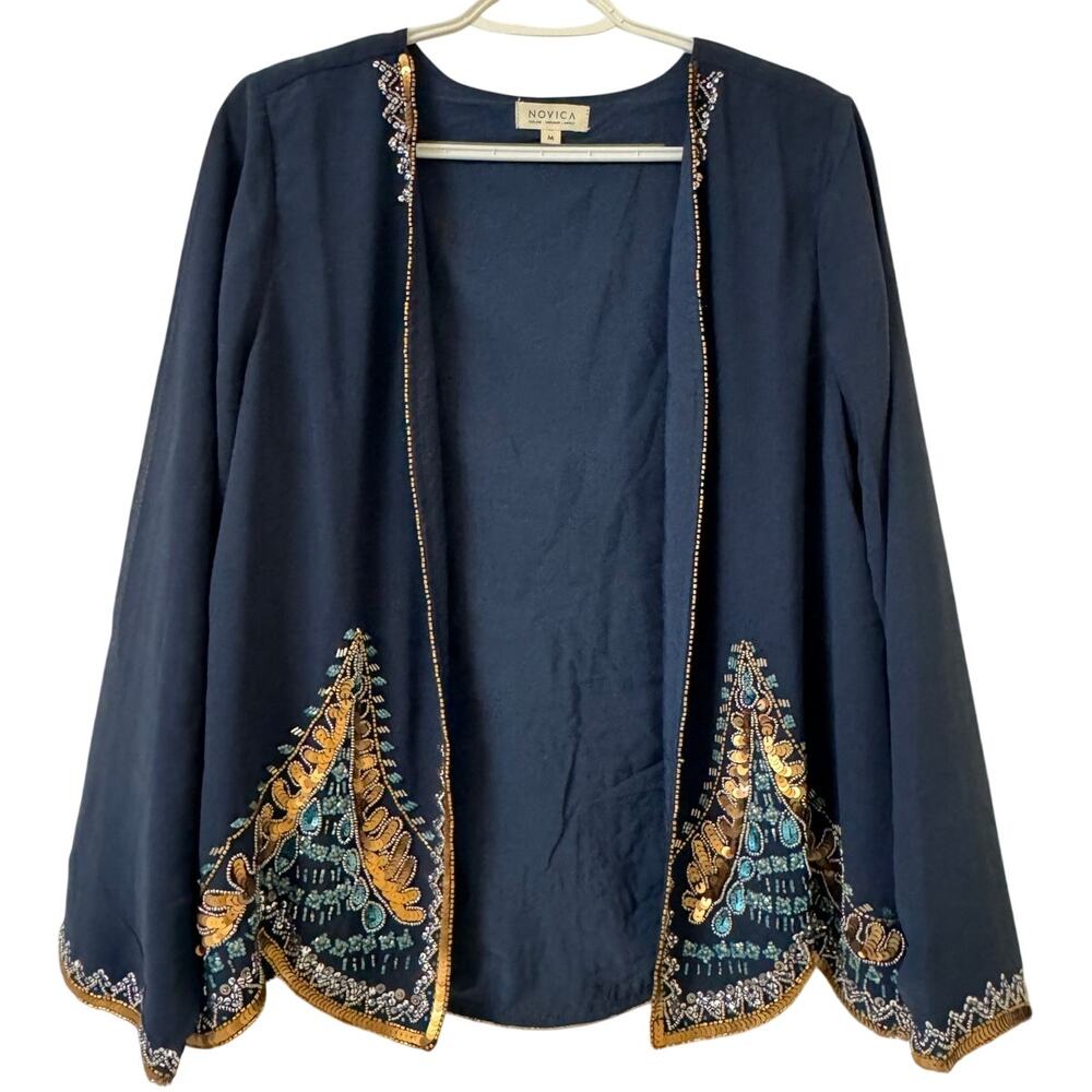 Blue Novica Medium Hand Beaded Glass Western Jacket With Gold & Blue Sequins